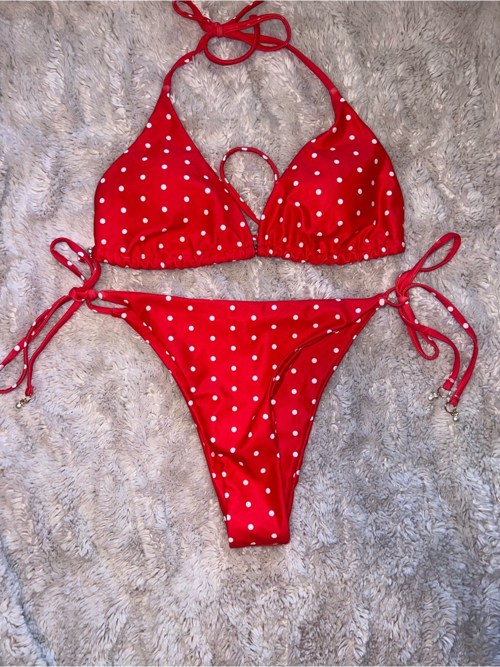 SHEIN Red Polka Dot Tie-Side Bikini Set
